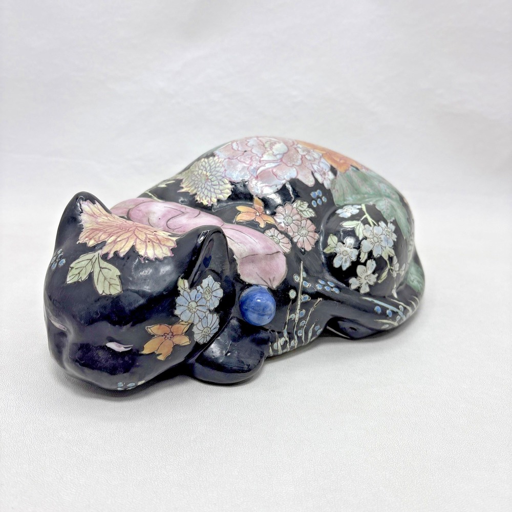 Vintage Hand-painted Chinese Macau Ceramic Sleeping Cat Figurine Black Floral